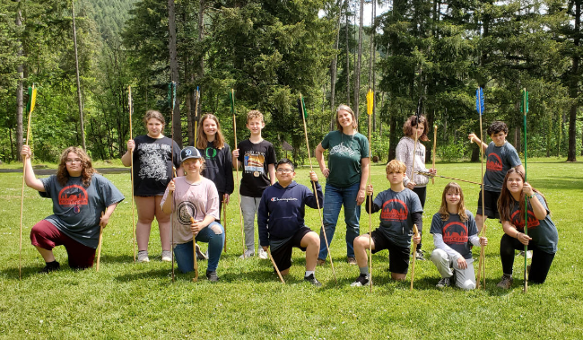 KR and 6th graders at outdoor school atlatl